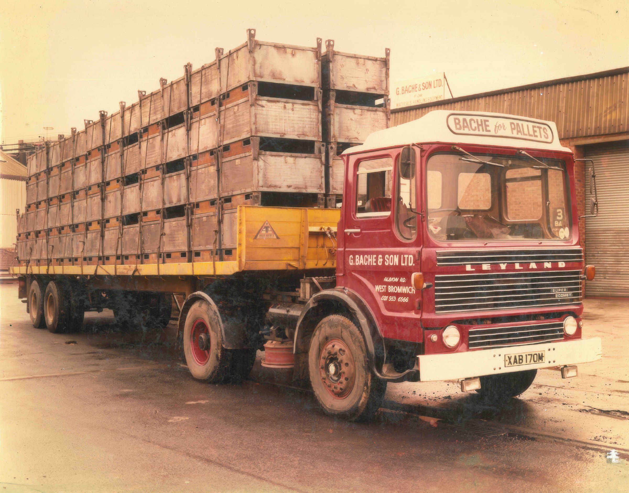 Historic G. Bache and Son Leyland truck carrying stacked steel stillages