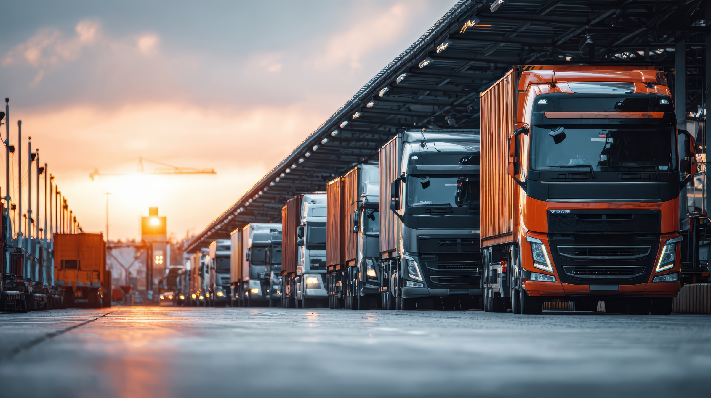 Commercial trucks lined up at a logistics hub at sunset